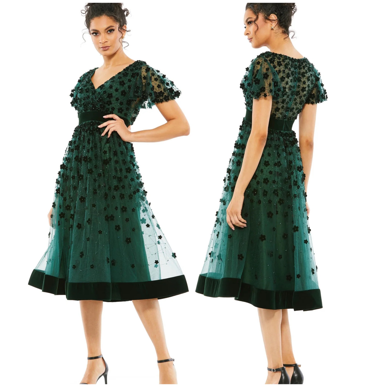 Mac Duggal Nwt Elegant Velvet V-Neck Floral Appliqued Midi Dress Size 4 Emerald
